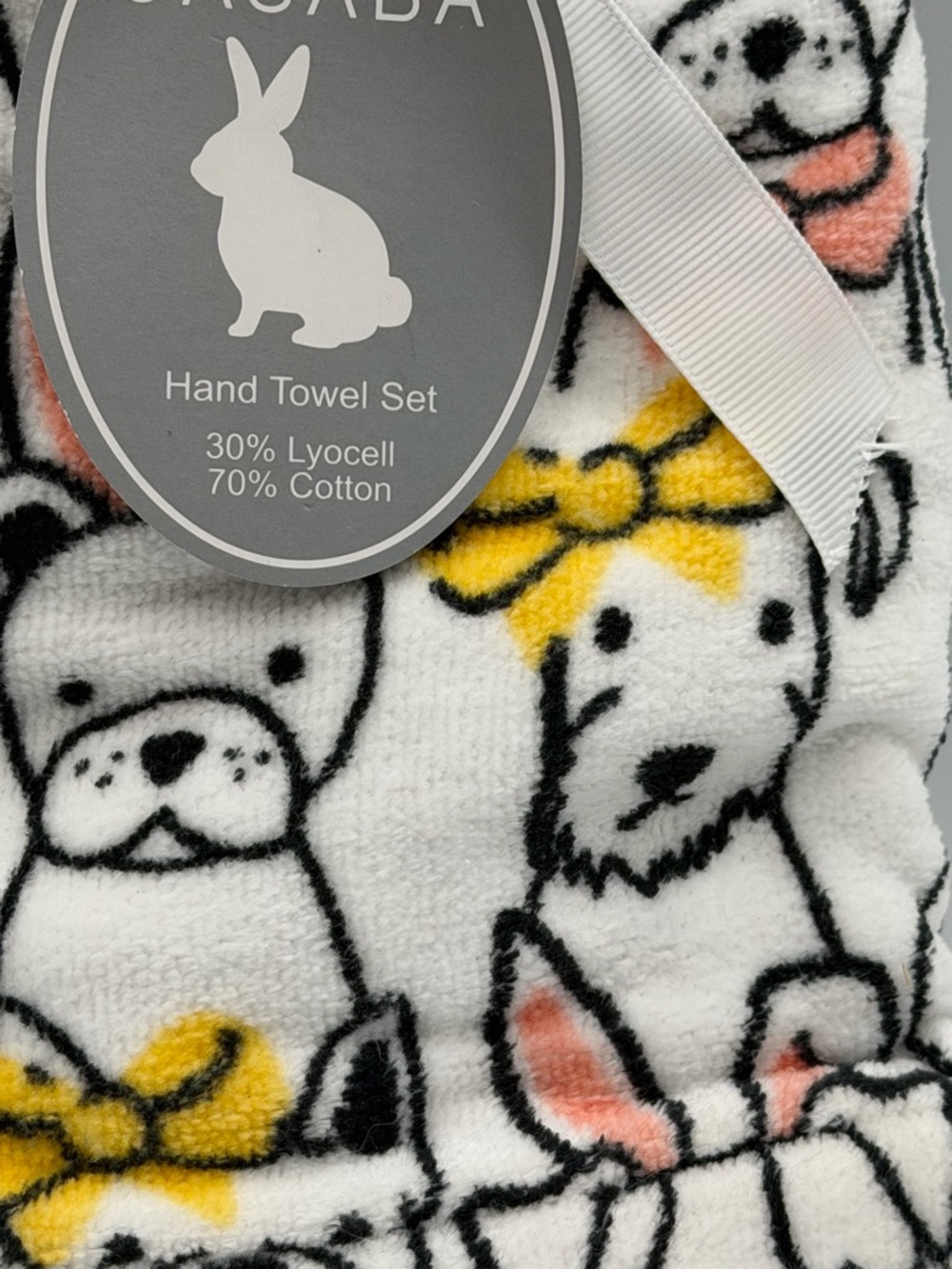CASABA Dog & Bunny Printed Hand Towel Set - White with Yellow & Pink Accents - Picture 2 of 4